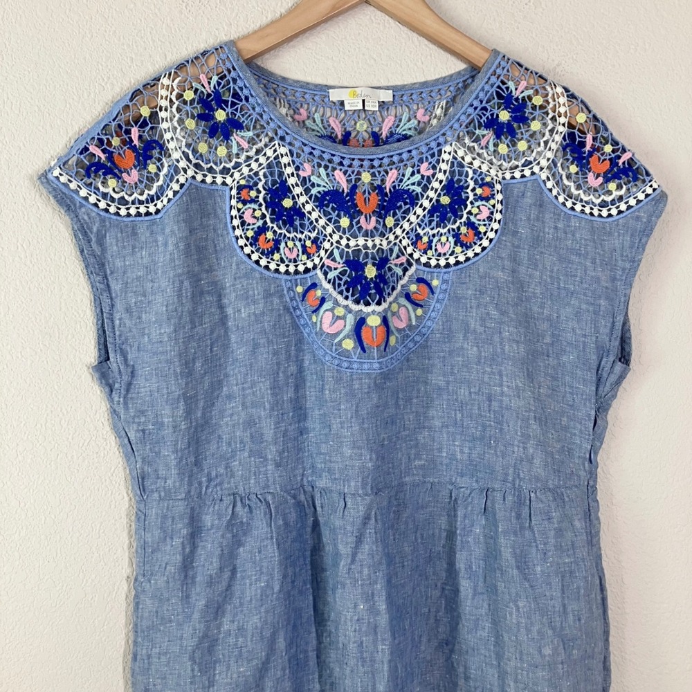 BODEN Linen Dress 10R Embroidered Crochet Lace Boho Shift Blue Summer Floral - Picture 3 of 10